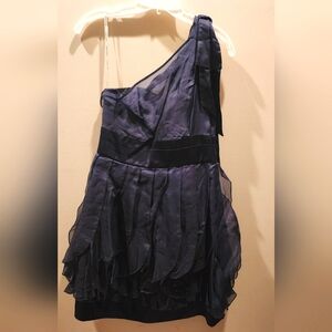 Phoebe Couture Silk One-Shoulder Bow Ruffle Cocktail Navy dress sz 6
